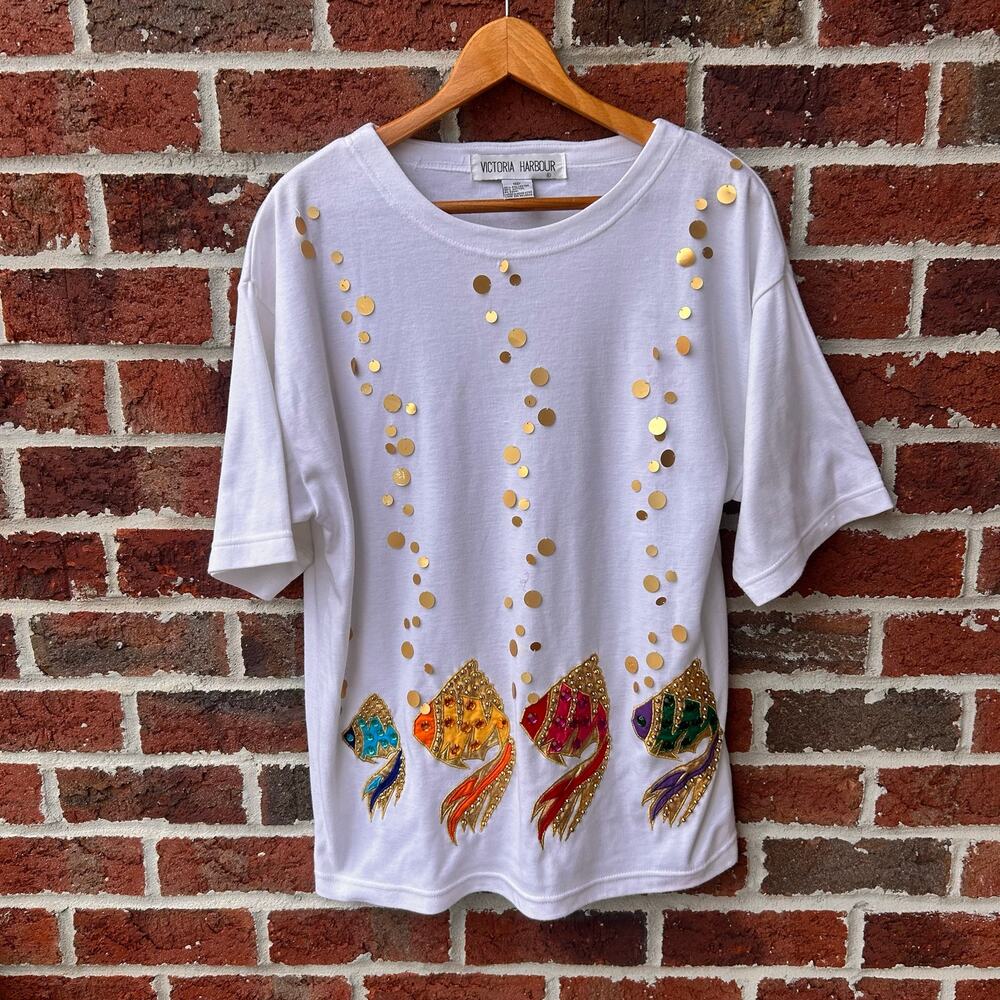 Vintage Gold Disc Embellished Tropical Fish T-Shirt Size M